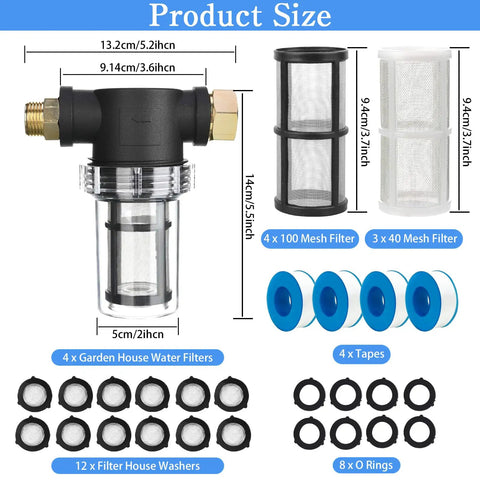 Image showing 4 Pack Inline Water Filter Kit With 40 Mesh And 100 Mesh Screens For Garden Hose, Pressure Washer, RV, Camping And Car Wash.