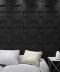 Living room with black 3D wall panels with raised rectangle texture for modern interiors, PVC, 32 square feet coverage.