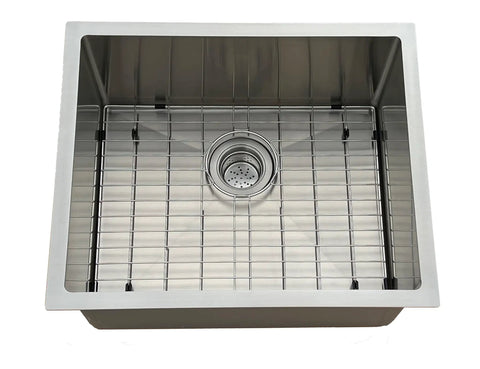 Alt Tag: Undermount 22 Inch Stainless Steel Kitchen Sink With XL Deep Single Bowl 16 Gauge Heavy Duty Top Tier Full Accessory Set Included Drain Strainer Lids Bottom Grid Flexible Drying Rack And Template For Easy Install, close-up view with bottom grid and drain strainer visible, ideal for modern kitchens.