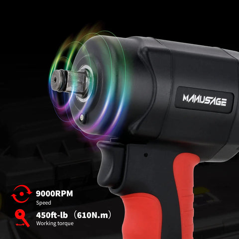Compact Half Inch Air Impact Wrench with 9000 RPM, Easy Forward and Reverse Dial, Red and Black Design