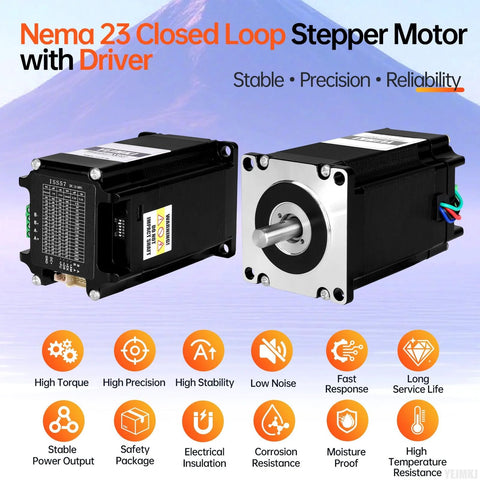 Nema 23 closed-loop stepper motor with integrated driver; front and side views of two black motors with silver shafts.
