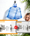 70 Piece Self Drilling Drywall Anchors Kit With Heavy Duty Galvanized Screws For Hanging TV And Shelves That Lock In Like A Badass On Standard Drywall Without The Pre Drill Grind Or Any Hiccups showing blue water bottles on wall and comparison with traditional hooks.