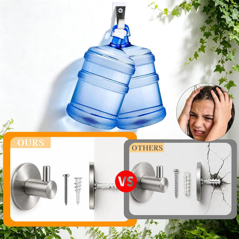 70 Piece Self Drilling Drywall Anchors Kit With Heavy Duty Galvanized Screws For Hanging TV And Shelves That Lock In Like A Badass On Standard Drywall Without The Pre Drill Grind Or Any Hiccups showing blue water bottles on wall and comparison with traditional hooks.
