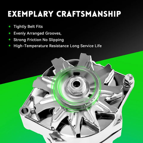 Chrome One Wire Beefed Up 105 Amp Self Exciting High Output 10SI Style For GM Chevy 350 305 Small Block SBC Street Rod Delco Compatible 12V Replacement Fits Classic Muscle Cars close-up showing craftsmanship with blade details.