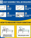 Instruction guide showing steps to assemble Outdoor Chaise Lounge Cushions Navy Blue Replaceable Patio Cushions Waterproof Fade Resistant UV Safe 80 Inch By 26 Inch By 3 Inch For Wide Outdoor Chairs Includes Seat And Back Cushions Comfy Breathable 100 Percent Polyester Easy Fit and how to measure furniture.