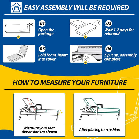 Instruction guide showing steps to assemble Outdoor Chaise Lounge Cushions Navy Blue Replaceable Patio Cushions Waterproof Fade Resistant UV Safe 80 Inch By 26 Inch By 3 Inch For Wide Outdoor Chairs Includes Seat And Back Cushions Comfy Breathable 100 Percent Polyester Easy Fit and how to measure furniture.