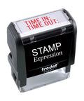 Heavy Duty Time In Time Out Self Inking Rubber Stamp With Bright Red Ink For Zero Hustle Office Attendance paperwork, black body, clear window.