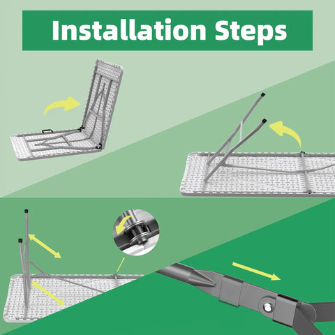 Installation steps for Six Foot Folding Table for Indoor and Outdoor Use showing frame assembly and locking mechanism.