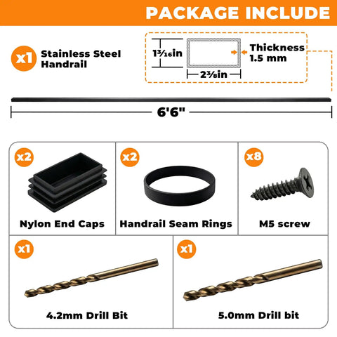 Package includes Heavy Duty 6 Foot 6 Inch Stainless Steel Flat Handrail Slick Matte Black Finish Cable Railing components.