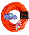 Heavy Duty Indoor Outdoor 100 Ft Extension Cord 10 Gauge 3 Conductor With Lighted Ends Orange 3 Prong Triple Tap 15A 125V 1875W