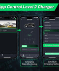 App interface showing Top Notch Level 2 Electric Vehicle Charger 50 Amps With Smart Display And Adjustable Amperage settings.
