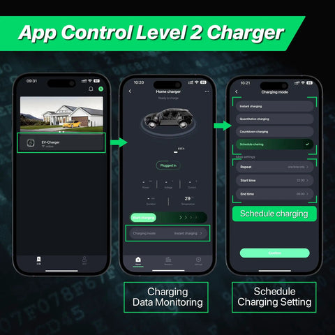 App interface showing Top Notch Level 2 Electric Vehicle Charger 50 Amps With Smart Display And Adjustable Amperage settings.
