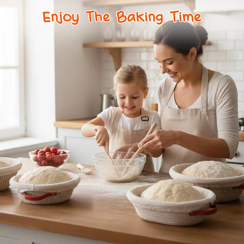 Mother and daughter using All In One Sourdough Starter Kit With 9 Inch Round And 11 Inch Oval Banneton Proofing Baskets baking in kitchen