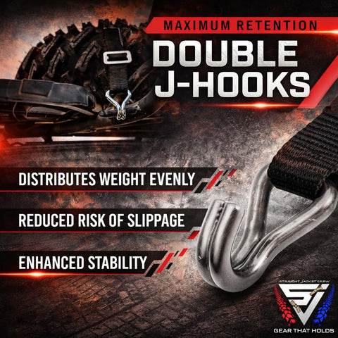 Double J-hooks on heavy duty spare tire Y strap for UTV and off road adventures, 3 way ratchet tie down, 1.6 inch wide