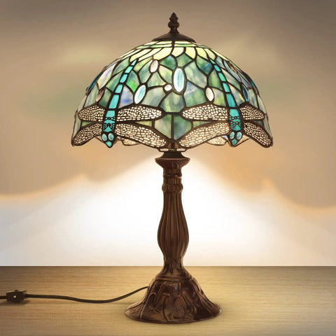 Dragonfly Tiffany Style Table Lamp With Stained Glass Shade, Bronze Base, 18 Inch Tall Bedside And Desk Light, Handmade Glass Lampshade, LED Bulb Included, Warm White 2700K, E26 Base, Ideal Living Room Or Bedroom Decor, featuring sea blue shade and bronze base.