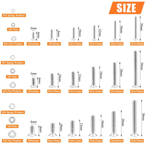 1500 Piece Hella Durable Metric Socket Cap Screw Hardware Kit 304 Stainless Steel Countersunk Head Bolts sizes M2 M3 M4 with nuts and washers
