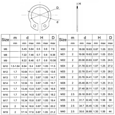 Diagram of Super Tough M24 External Circlips Snap Rings dimensions, detailing size specifications for industrial applications.