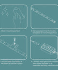 Installation steps for Color Changing LED Light Strip With Remote 32 Feet Of Lit Mood Lighting showing cleaning, placement, securing, connection.