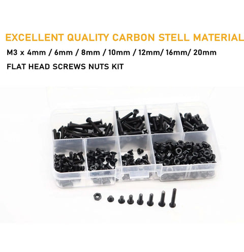 M3 Screws Kit With 360 Pieces Including 210 Black Countersunk Phillips Head M3 Screws In 0.5mm Pitch Across 4mm 6mm 8mm 10mm 12mm 16mm And 20mm Lengths Plus 150 M3 Hex Nuts For 3D Printers Robots RC Models DIY Projects Makers And Hobbyists in plastic case