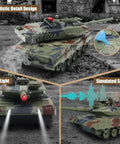 1 24 RC Battle Tank Set With T90 And Leopard Tanks Realistic Sounds Lights Spray Effects Four Life Indicators Four Hits To Restart Battle 2 4GHz Remote Control Military Toy For Kids And Adults showing LED lights and smoke effects