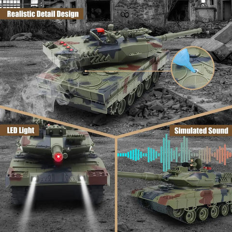 1 24 RC Battle Tank Set With T90 And Leopard Tanks Realistic Sounds Lights Spray Effects Four Life Indicators Four Hits To Restart Battle 2 4GHz Remote Control Military Toy For Kids And Adults showing LED lights and smoke effects