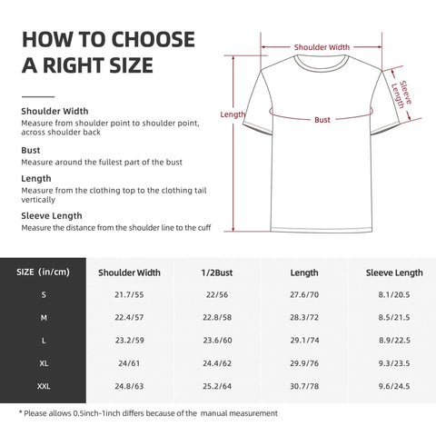 Sizing guide chart for t-shirts showing measurements for shoulder width, bust, length, and sleeve length in inches and centimeters.