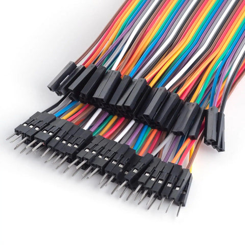 Close-up of Breadboard Jumper Wire Kit 360 Pieces With 10cm, 20cm, And 30cm Cables, male-to-female connectors visible
