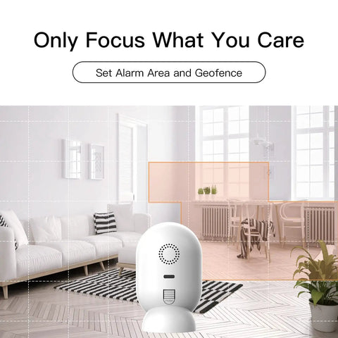 All In One 1080P FHD WiFi Security Camera for Indoor Baby Monitor with dual band 5GHz, night vision, and motion alerts in living room.