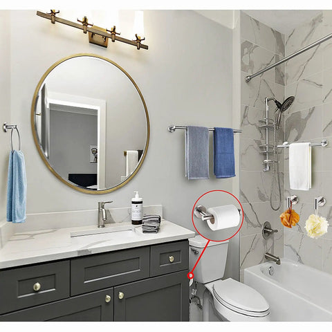 Bathroom showcasing heavy duty brushed nickel bathroom hardware set includes 16 inch and 23.6 inch round towel bars, hand towel ring, toilet paper holder, and towel hooks, SUS 304 stainless steel, wall mounted, rust resistant, easy install.