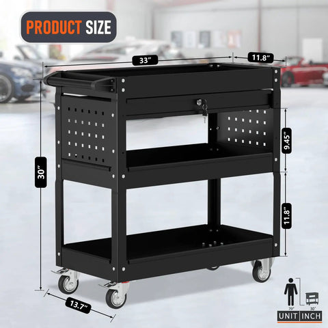 Beefed Up Heavy Duty 3 Tier Rolling Tool Cart On Wheels With Drawers 400 Lbs Capacity Steel Service Cart For Garage Shop And Warehouse Durable Mechanics Cart For Tools And Gear, 33 x 11.8 x 30 in