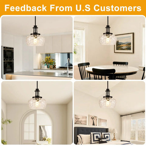 Matte Black Pendant Light Fixture With 10 Inch Clear Hammered Glass Shade in kitchen, dining, and bedroom settings