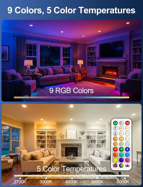 Living room scenes showcasing 6 Inch Led Recessed Downlights Featuring Adaptive Color Changing Modes And A Seamless Canless Frame.
