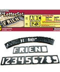 Top Tier 41 Piece Router Template Set With Self Spacing 2.5 Inch Alphabet Characters on display for sign making.