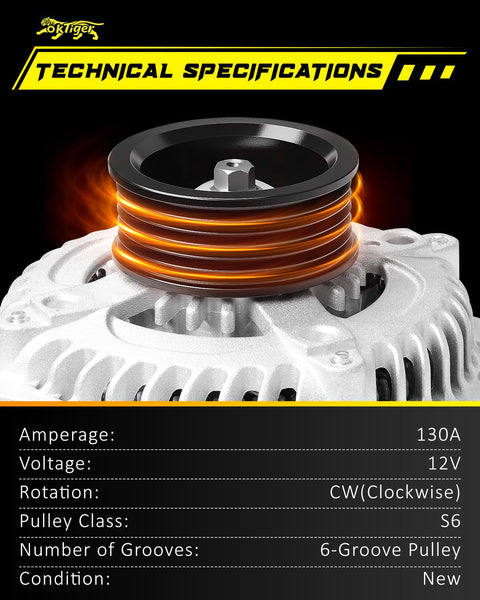 Close-up of Upgraded 12V 130A Alternator For Honda Odyssey 2005-2007 3.5L Pilot 2005-2008 3.5L Ridgeline CW 6-Groove Pulley