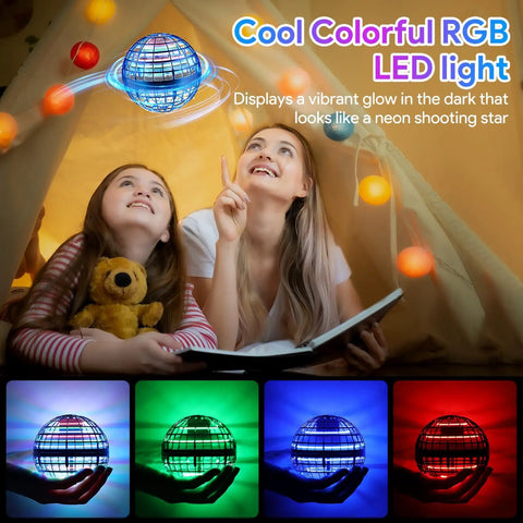 Two people under a tent looking at Hand Controlled Flying Orb Ball Toy With RGB Lights, glowing blue, green, and red in dark.