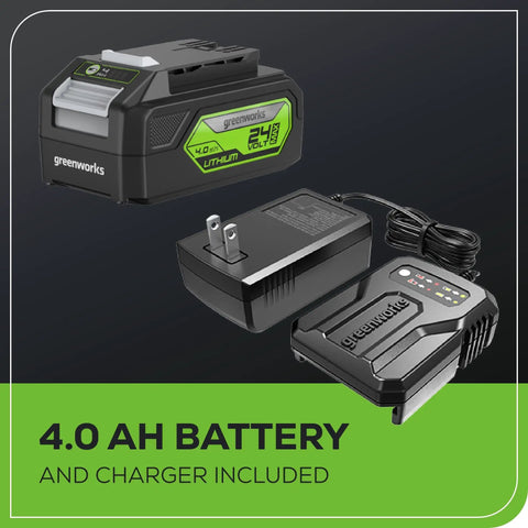 24V Brushless Cordless Angle Grinder 4-1/2 Inch With 4Ah Battery And 2A Charger shown with battery and charger components