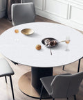 White Wood Grain Peel And Stick Wallpaper 15.7 In By 118 In Waterproof Vinyl For Cabinets Kitchens And Furniture Upgrade DIY Friendly Real Look Finish Easy To Clean And Install No Mess covering a round dining table.