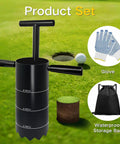 Product set with Portable Golf Hole Cutter With Detachable Handle, Stainless Steel Hole Digger, gloves, and bag on green field.