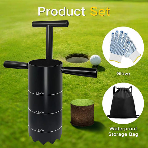 Product set with Portable Golf Hole Cutter With Detachable Handle, Stainless Steel Hole Digger, gloves, and bag on green field.