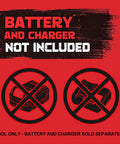 Battery and charger not included warning graphic on red background for Get She Done Cordless Fuel Transfer Pump.