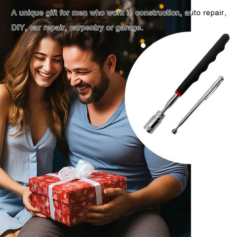 Two Pack Telescoping Magnetic Pickup Tools with LED light shown next to a couple exchanging gifts, illustrating tool use