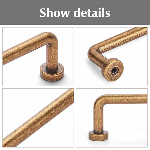 Close-up of Eight Pack Two And A Half Inch Antique Brass Cabinet Handles And Drawer Pulls with screw holes showing vintage style hardware.