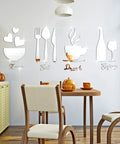17 Piece Kitchen Wall Decor Acrylic Mirror Wall Stickers Set With Eat Drink Love And Enjoy Utensil Motifs in dining room