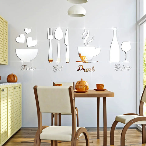 17 Piece Kitchen Wall Decor Acrylic Mirror Wall Stickers Set With Eat Drink Love And Enjoy Utensil Motifs in dining room