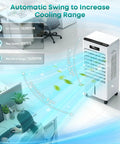Beast Mode Cooling 8000 BTU Windowless Portable AC with 3 Modes, illustrating automatic 90-degree swing within an office setting.