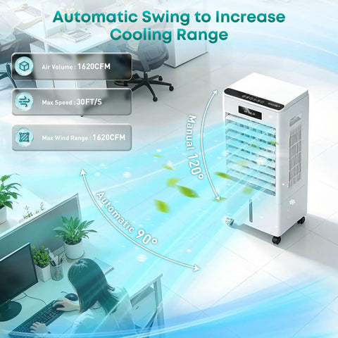 Beast Mode Cooling 8000 BTU Windowless Portable AC with 3 Modes, illustrating automatic 90-degree swing within an office setting.