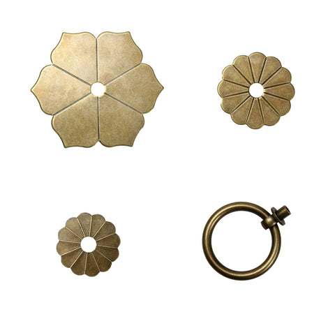 4 Pcs Vintage Flower Drop Ring Drawer Pulls Brass Cabinet Handles in Bronze Finish, different components, antique style, flower motif.