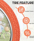 Close-up of orange 20x2.35 bike tire with text on traction, drainage, skid resistance, used in 20x2.35 Bike Tire Set For BMX MTB.
