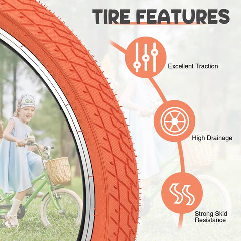 Close-up of orange 20x2.35 bike tire with text on traction, drainage, skid resistance, used in 20x2.35 Bike Tire Set For BMX MTB.