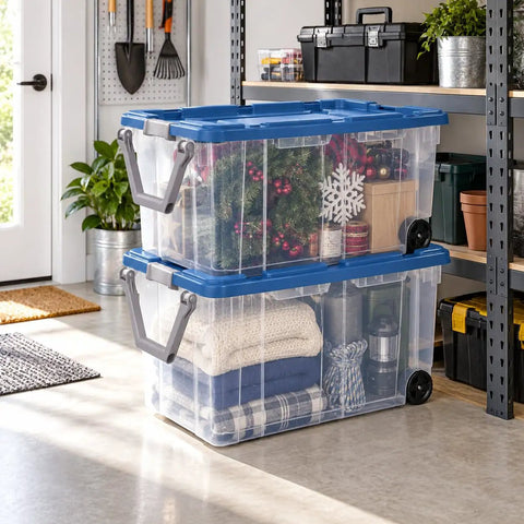 Premium Heavy Duty Wheeled Storage Bins 160 Quart 2 Pack Rolling Carts With Sturdy Metal Axle And Swivel Pull Handle stacked with holiday decor and blankets.